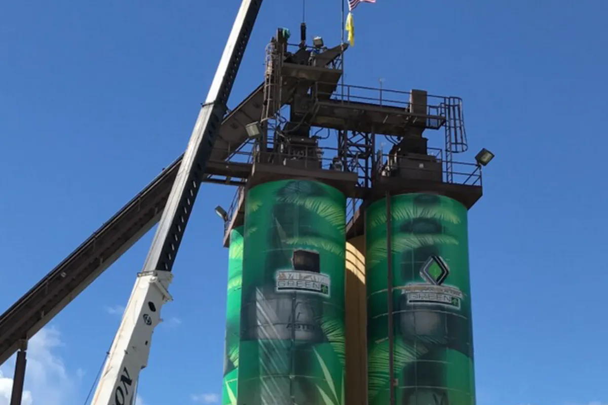 Gordon Crane's white boom raised alongside two tall silos wrapped in green palm-leaf graphics, an American flag flying from the platform at the top.